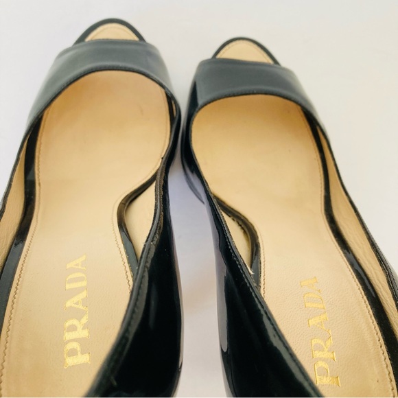 Prada Peep Toe Open Toe Black Patent Leather Pumps Heels - Picture 8 of 15